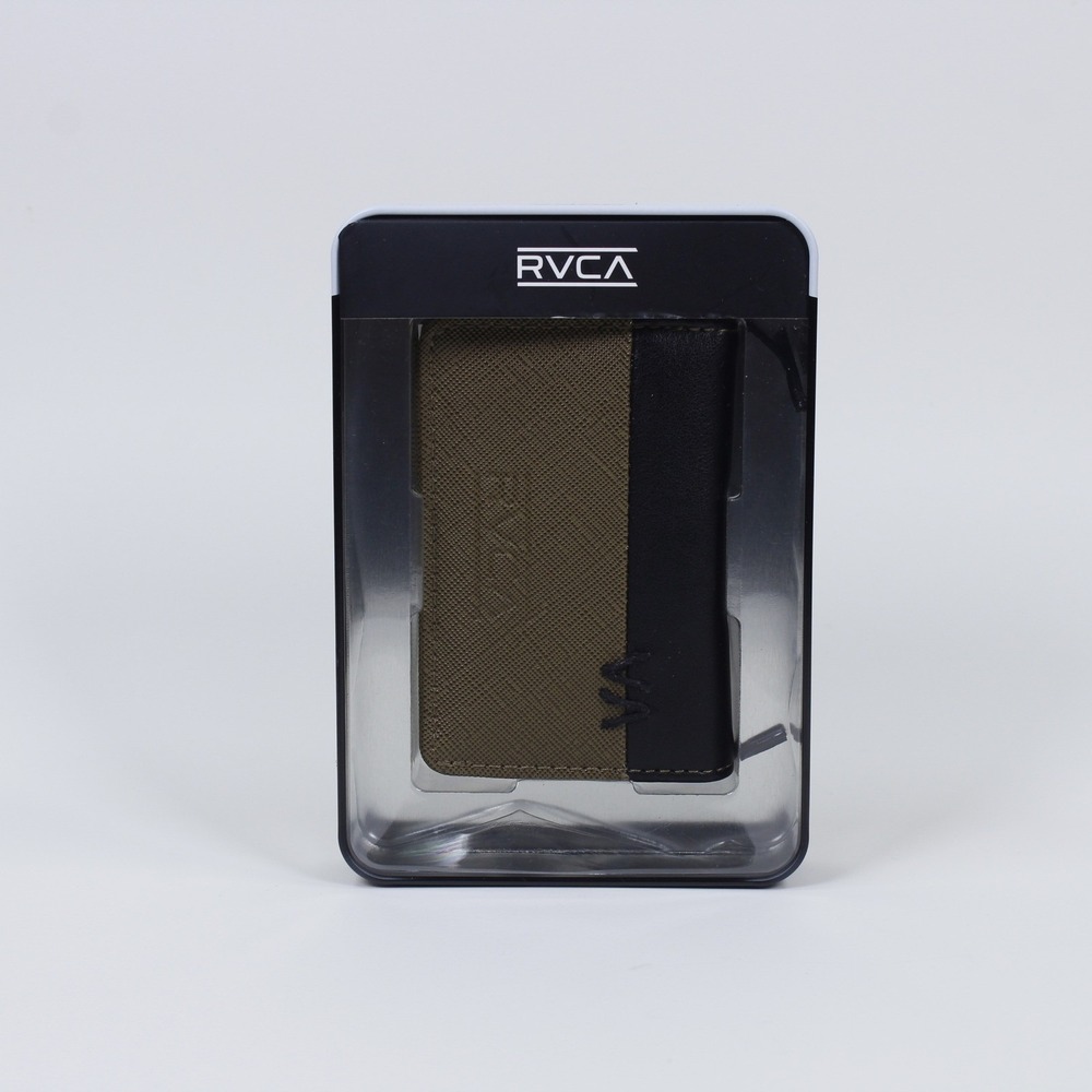 RVCA Men's Slim Card Case Wallet Two Tone Olive Green Black Stitch VA Logo NIB